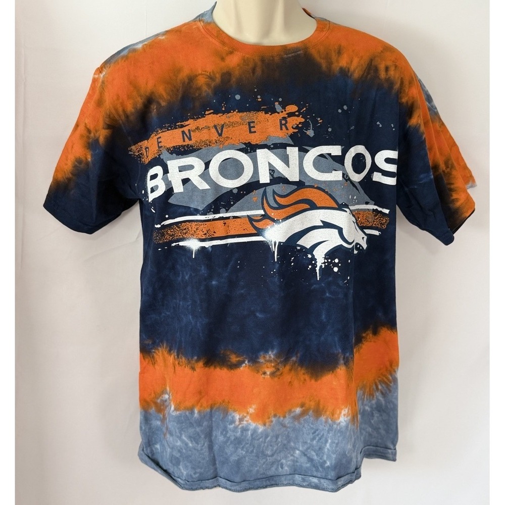 Denver Broncos Tie Dye T-Shirt Blue Orange Splatter "BRONCOS" Graphic Men's M